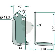 Rotavator Knife Tortella c-c 42mm hole 12.5mm