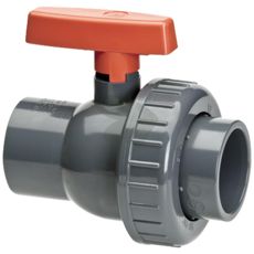 Ball valve with 2x glue socket and screw connection on one side, PVC-U