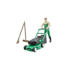 Gardener with lawn mower and equipment