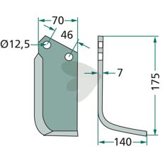 Rotavator knife Agromec c-c 46mm hole 12.5mm