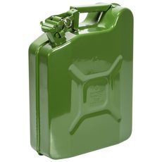 Green jerry can with 10L capacity, perfect for transporting liquids on adventures.