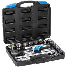 Socket set with 23 pieces, suitable for various sizes from 10 to 32 mm.