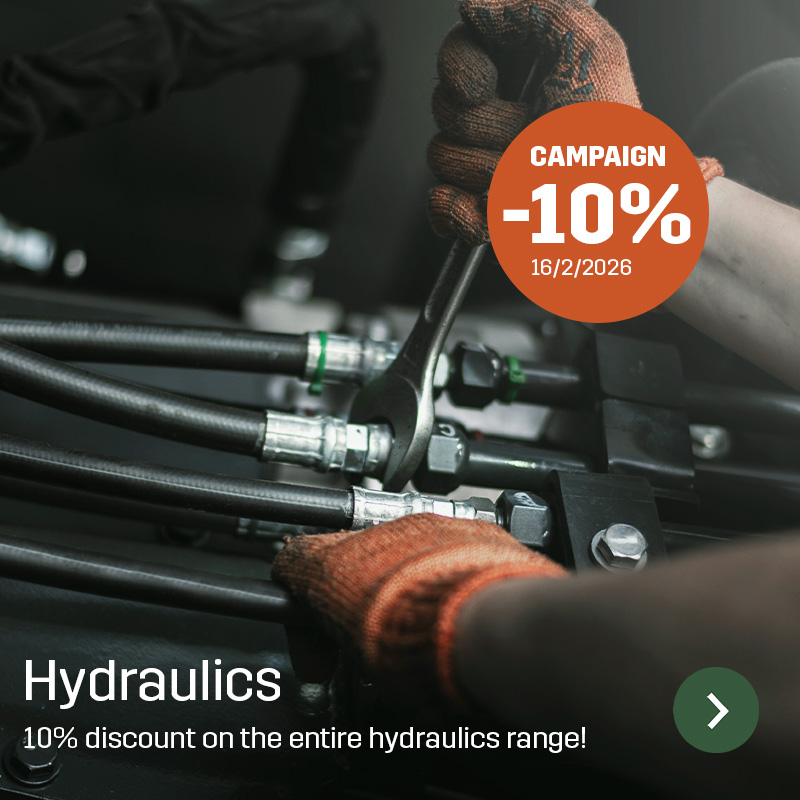 Close-up of hydraulic hoses and fittings tightened with a wrench, with gloved hands visible during work. Sagros hydraulic components are shown during maintenance and installation on machinery, including a visible campaign marking for the hydraulic range.