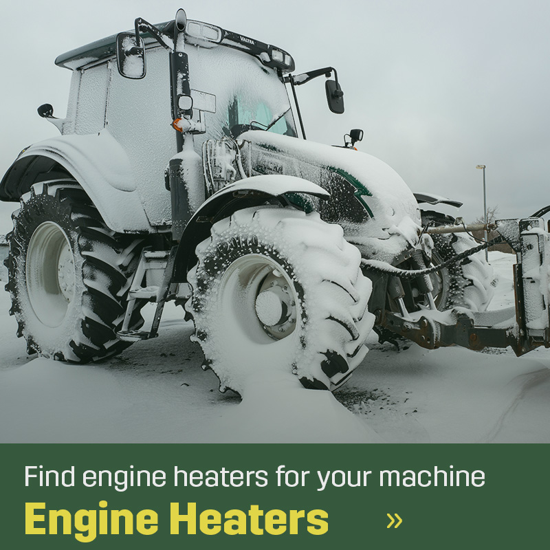 A snow-covered tractor is parked outdoors with snow on its bonnet, cab and tyres. The image shows winter conditions where engine heaters are used before cold starts. Sagros range includes engine heaters for tractors and agricultural machinery.