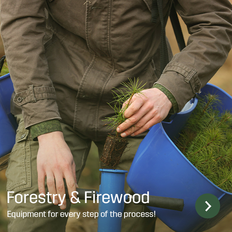 A person holds a small conifer seedling with an exposed root ball above a planting tube. A blue container filled with seedlings is visible nearby. Sagros forestry range includes equipment for planting and woodland work.